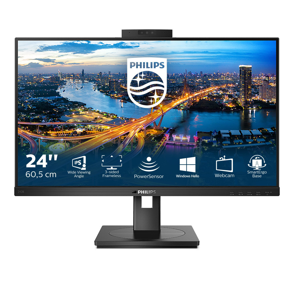 MONITOR PHILIPS LED 23.8"Wide 242B1H/00 IPS 1920x1080 250cd/mq 1000:1 2x2W MM Webcam MIc. Pivot RegH VGA DVI HDMI DP HUB USB 242