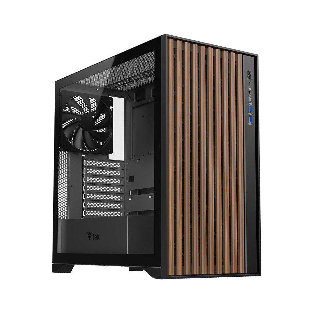 CASE ITEK TOWER "Case WOODY" Gaming Tower 2*USB3,1*USB-C 3*12cm fan ARGB,  Temp Glass Side Panel, NERO+Wood Front -  ITGCAWO28B 