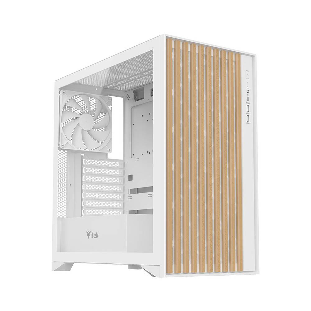 CASE ITEK TOWER "Case WOODY" Gaming Tower 2*USB3,1*USB-C 3*12cm fan ARGB,  Temp Glass Sidel, BIANCO+Wood Front -  ITGCAWO28W ITG