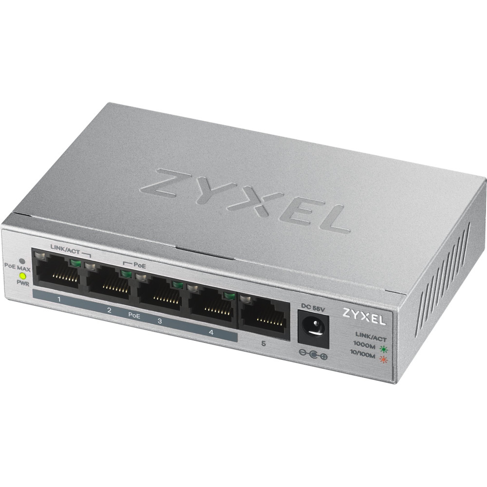 SWITCH ZYXEL GS1005HP-EU0101F 5P LAN GIGABIT (4 porte PoE, erogazione fino a 60W) UNMANAGED DESKTOP, Case metallico GS1005HP-EU0