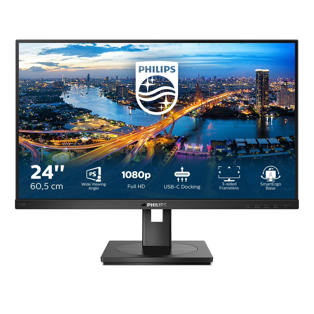 MONITOR PHILIPS LED 23.8"Wide 243B1/00 IPS 1920x1080 250cd/mq 1000:1 (50.000.000:1) 2x2W MM Pivot RegH HDMI DP USB-C docking 243
