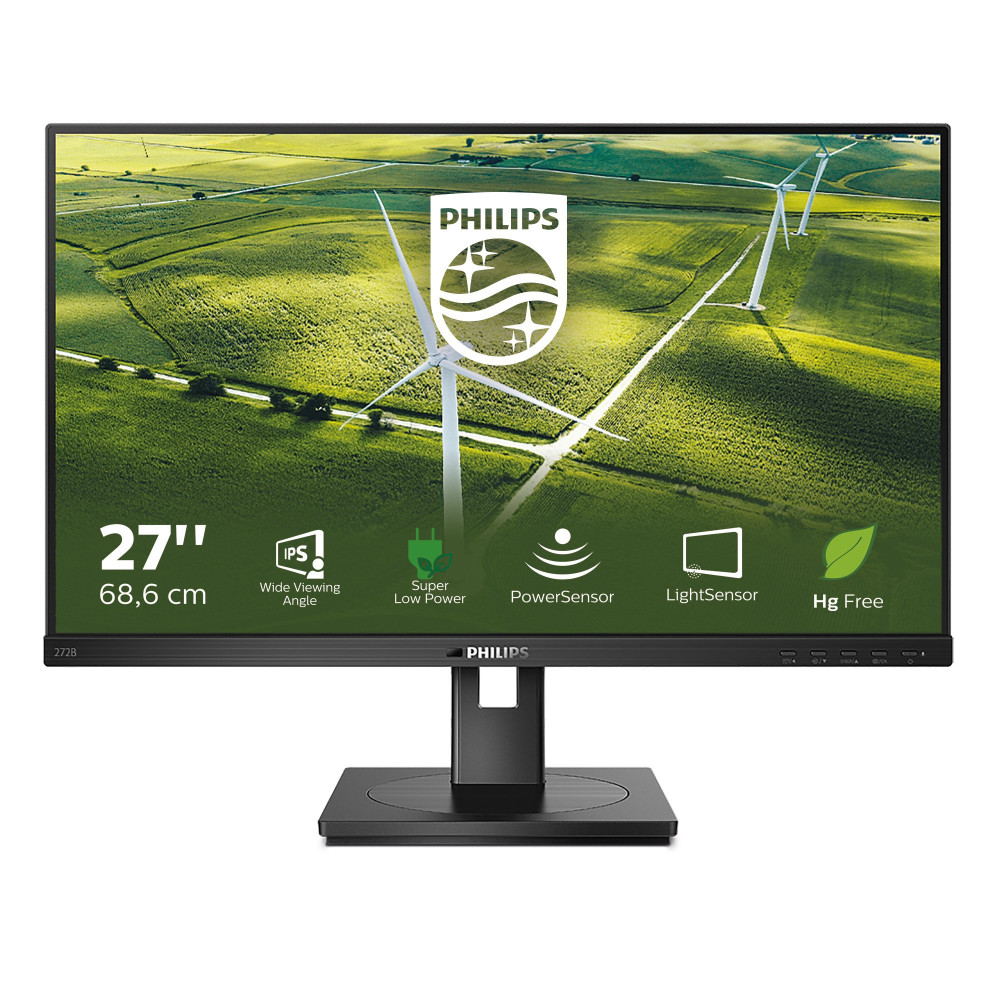 MONITOR PHILIPS LED 27"Wide 272B1G/00 IPS 1920x1080 4ms 250cd/mq 1.000:1 2x2W MM Pivot RegH VGA DVI HDMI DP USB Low Power Green 