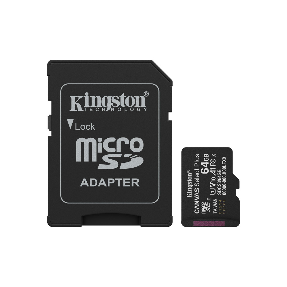 SD-MICRO KINGSTON  64GB Canvas Select Plus Classe 10, UHS-I, U1/U3, video 10/30, A1, READ 100MB/s + ADATTATORE  - SDCS3/64GB SDC