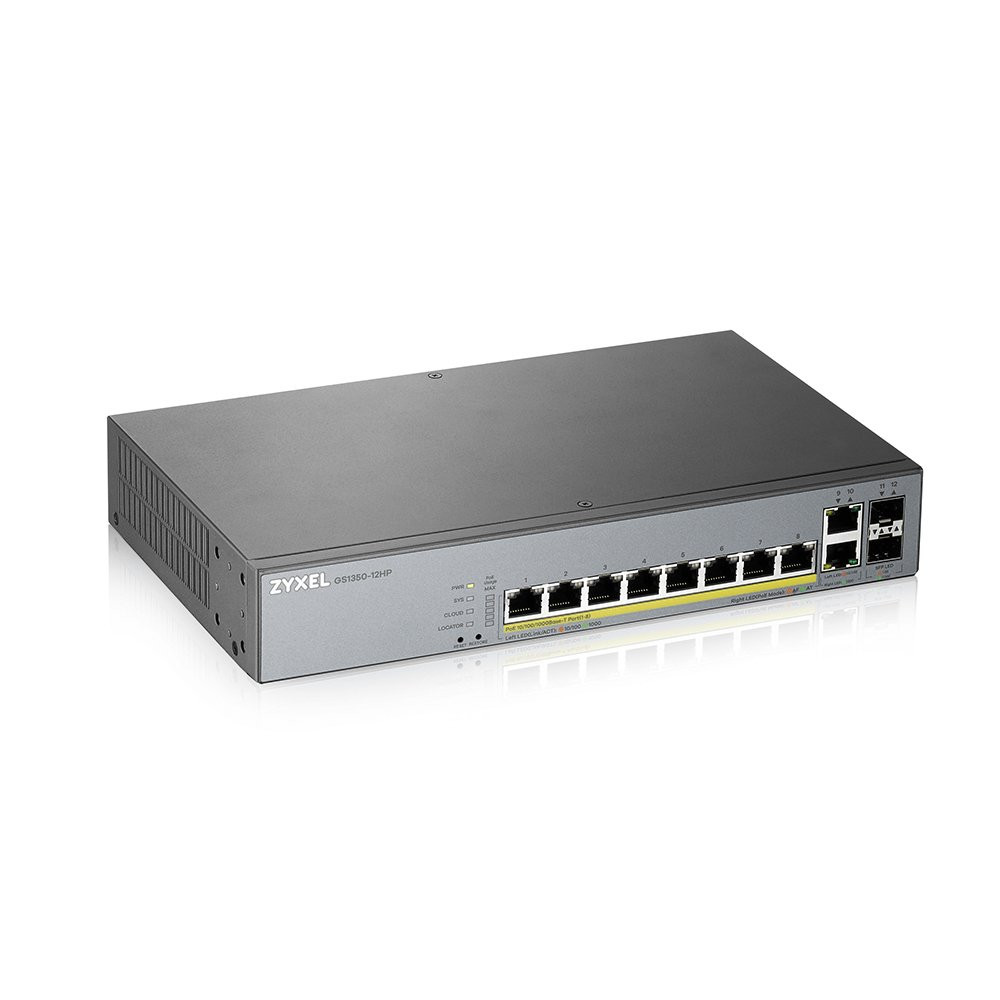SWITCH ZYXEL GS1350-12HP NebulaFlex Switch Managed per CCTV: 8p Gigabit PoE (130W) + 2p SFP + 2p Gigabit Uplink + MngCloud 1Y GS