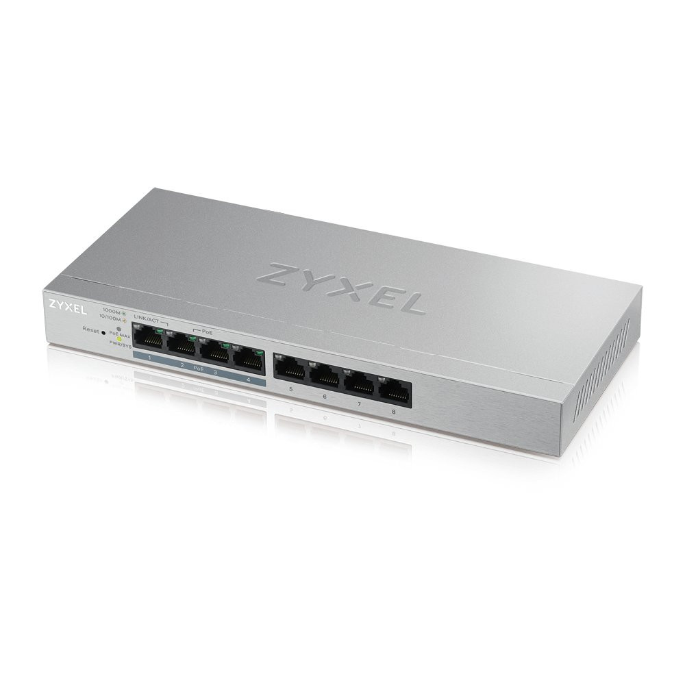 SWITCH ZYXEL GS1200-8HP SMART MANAGED 8P Gigabit(4P PoE fino a 60W)Easy Management xVLAN,QoS design senza ventole Desktop GS1200