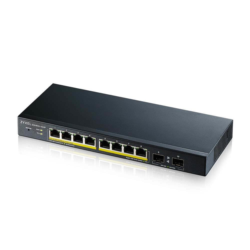 SWITCH ZYXEL GS1900-10HP V2 8P GIGABIT POE (EROGAZIONE POE FINO A 70W) +2P SFP SUPP IPV6, VLAN DESIGN SENZA VENTOLE,WEB MANAGED 