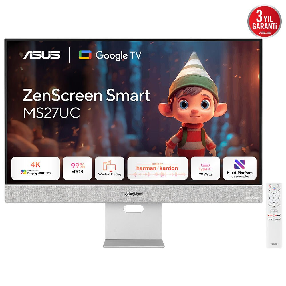 MONITOR ASUS LED 27" Wide ZenScreen Smart MS27UC IPS 3840x2160 5ms 350cd/m² 2x5W MM Reg.inH HDMI DP USB-C Docking Google TV 90LM