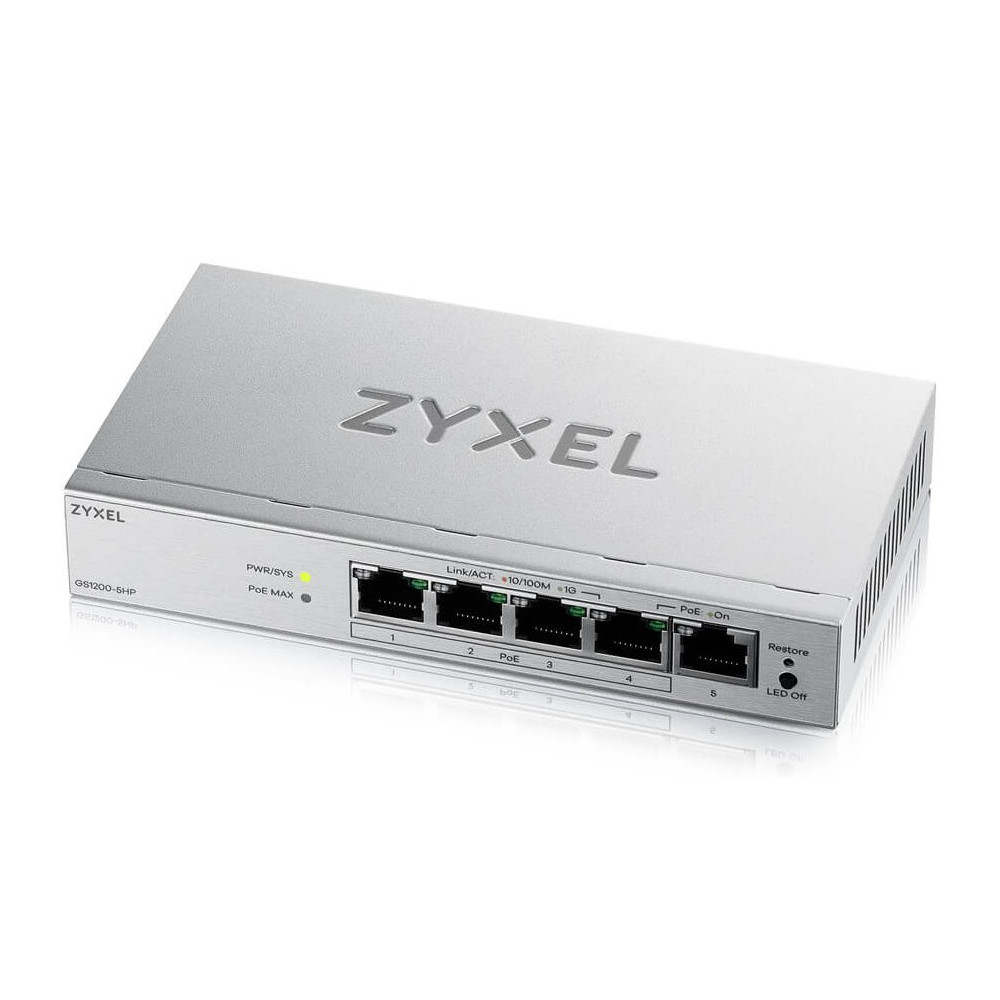 SWITCH ZYXEL GS1200-5HP v3 SMART MANAGED 5P Gigabit(4P PoE fino a 60W ) Easy Management xVLAN,QoS design senza ventole Desktop G