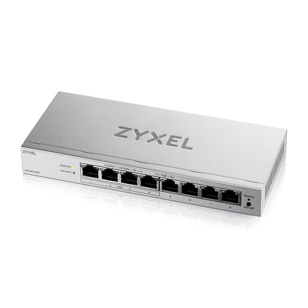SWITCH ZYXEL GS1200-8HP v3 SMART MANAGED 8P Gigabit(4P PoE fino a 60W ) Easy Management xVLAN,QoS design senza ventole Desktop G