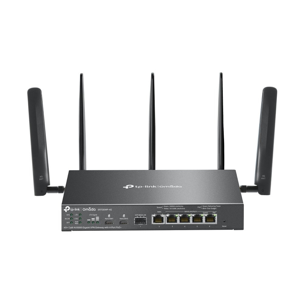 ROUTER TP-LINK ER706WP-4G GIGABIT VPN 4G AX3000 1P GbE SFP WAN/LAN,1P GbE RJ45 WAN, 4P PoE (45W) GbE WAN/LAN RJ45 2Nano SIM slot