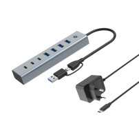 HUB USB 3.2 7 PORTE BK (ALLUMINIO) 4*USB A/3*USB C + ALIMENTATORE