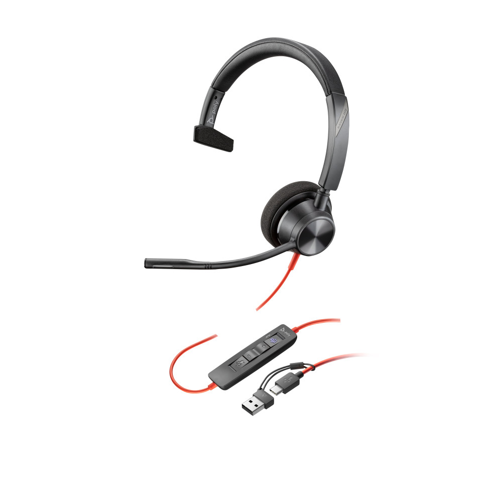 HP Poly Cuffie monoaurali Poly Blackwire 3310 con connettore USB-C, certificate per Microsoft Teams + adattatore USB-C/A