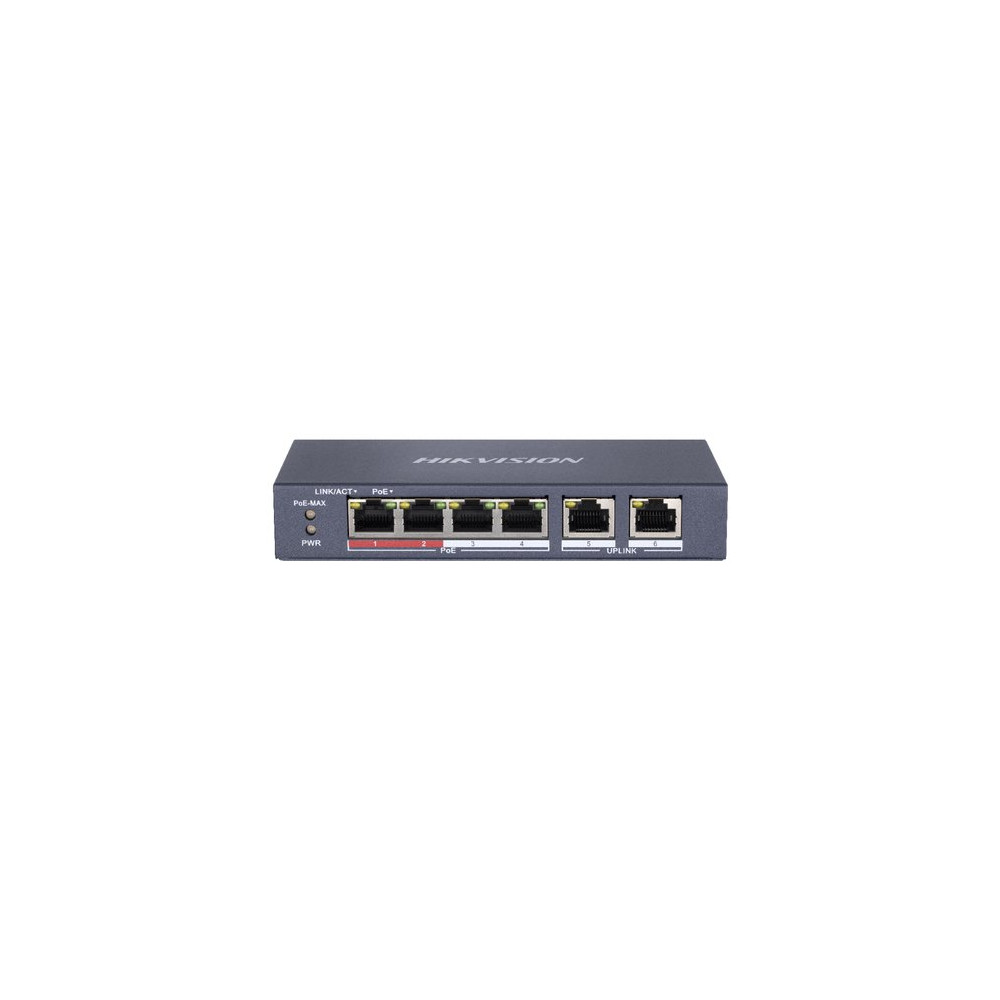 HIKVISION SWITCH 10/100 POE METALLICO L2, UNMANAGED, 4 10/100M RJ45 POE PORTS, 2 10/100M RJ45 UPLINK