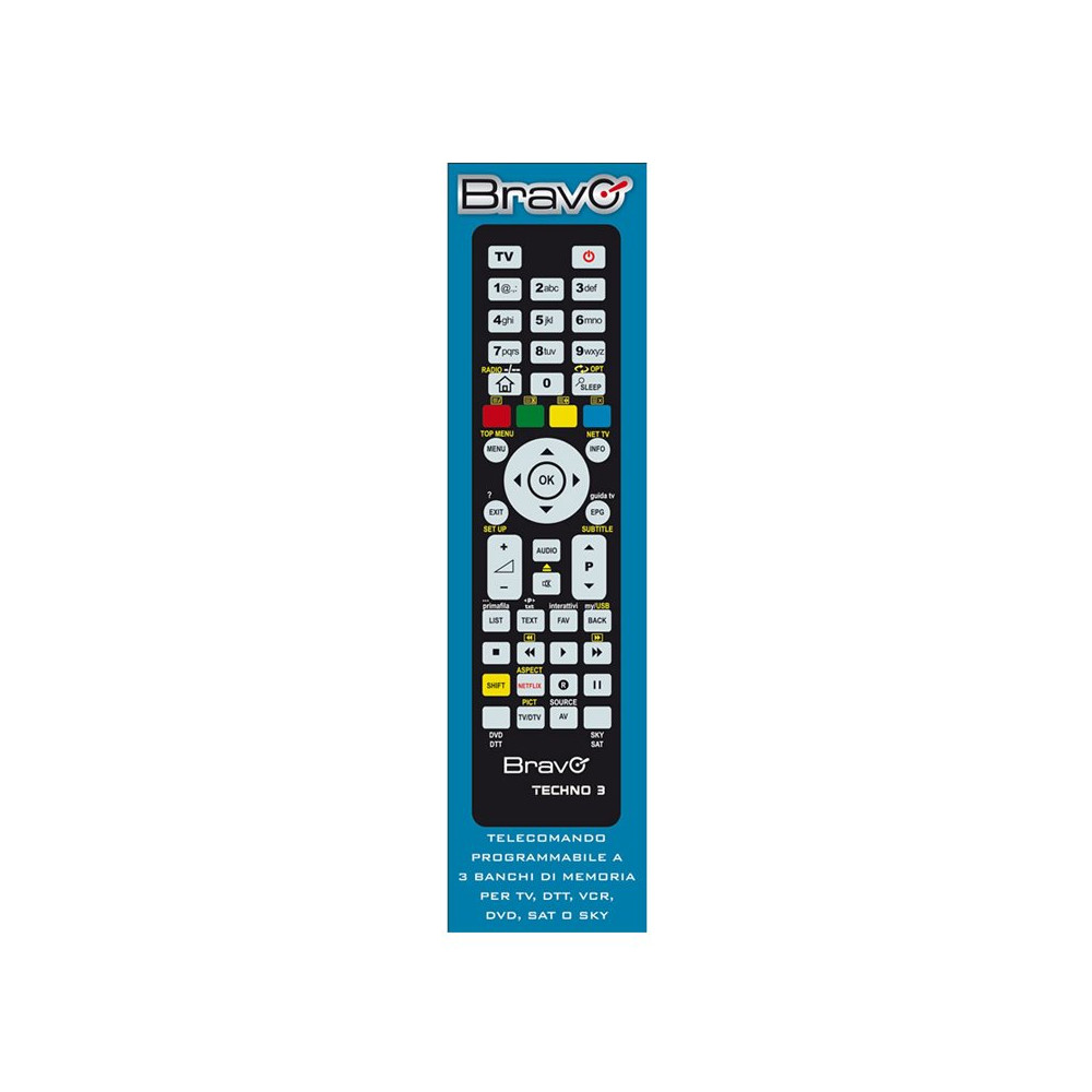 BRAVO TECHNO 3 (92602666) - TELECOMANDO PROGRAMMABILE A 3 BANCHI DI MEMORIA PER TV / VCR / DVD PLAYER / DTT / SKY BRATECHNO3