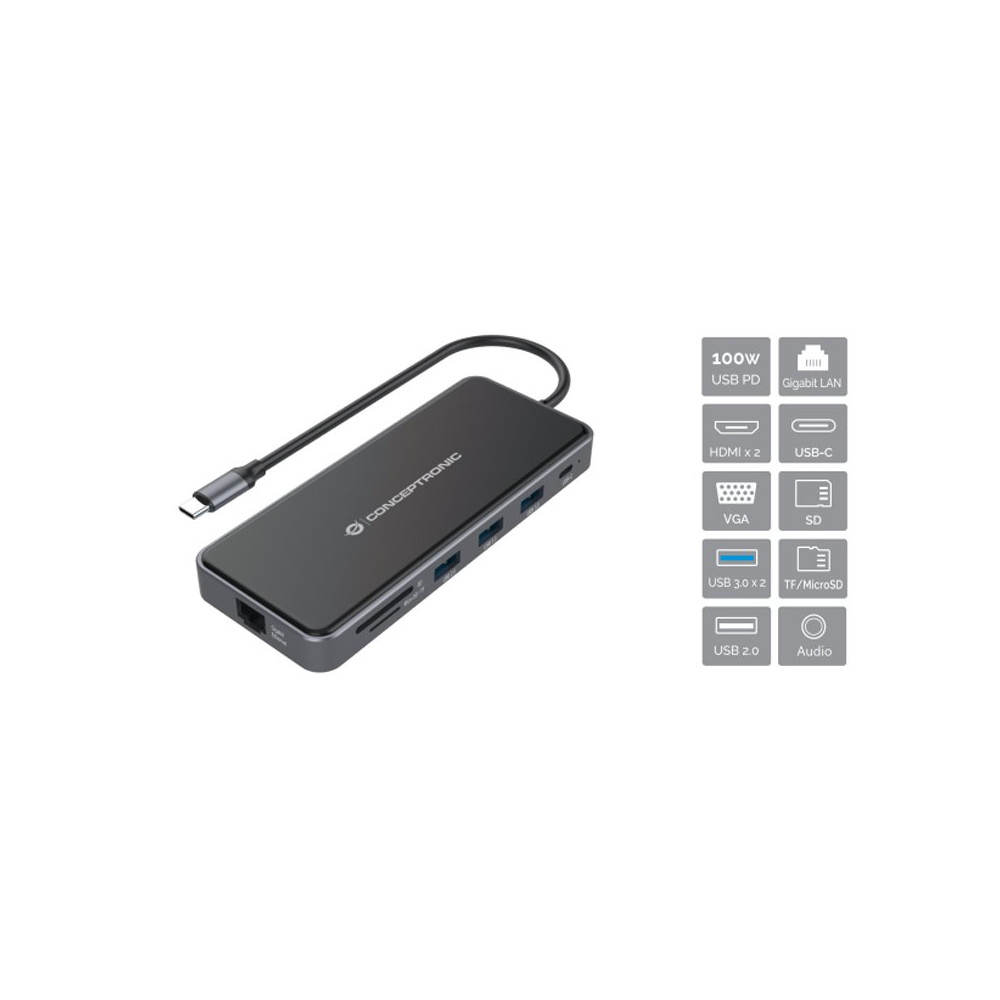 CONCEPTRONIC DONN15G - DOCKING STATION 12-IN-1 USB-C (M) 3.2 / HDMI, VGA, USB-C DATA, USB 3.0, USB 2.0, SD, TF/MICROSD, AUDIO, G
