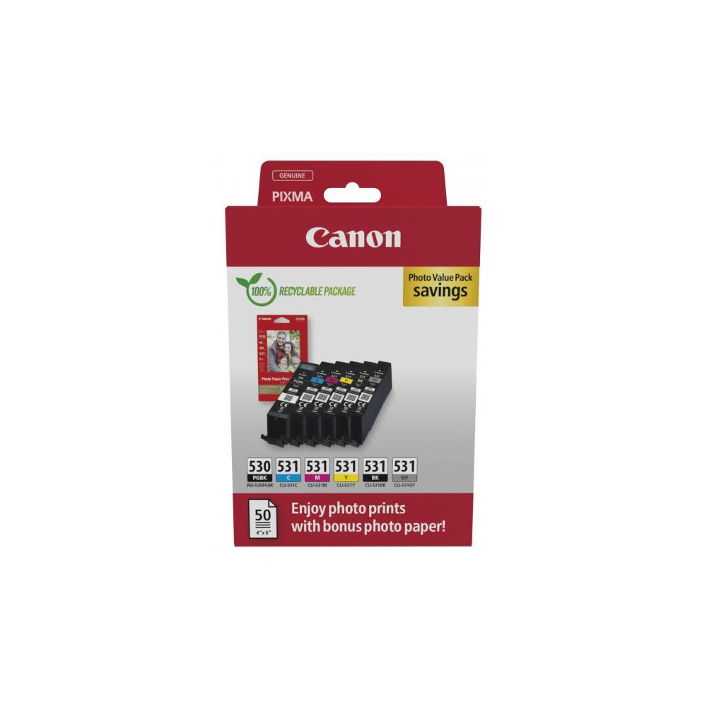 ORIGINAL Canon Value Pack nero / ciano / magenta / giallo / Grigio PGI-530+CLI-531 + 10x15 cm Fotopapier 50 Blatt ~2705 Seiten