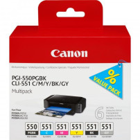 ORIGINAL Canon Multipack nero / ciano / magenta / giallo / Grigio PGI-550+CLI-551 6496B005 ~1852 Seiten 6 cartucce: 1x PGI-550 +
