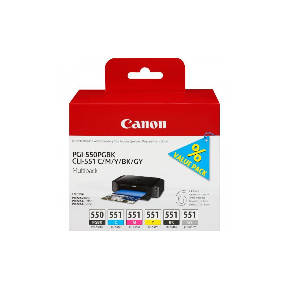 ORIGINAL Canon Multipack nero / ciano / magenta / giallo / Grigio PGI-550+CLI-551 6496B005 ~1852 Seiten 6 cartucce: 1x PGI-550 +