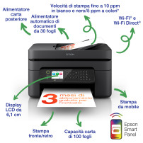 MULTIFUNZIONE EPSON Workforce WF-2950DWF A4 4INK 33/18PPM 100FF DUPLEX LCD FAX ADF WiFi USB2.0 Epson Connect