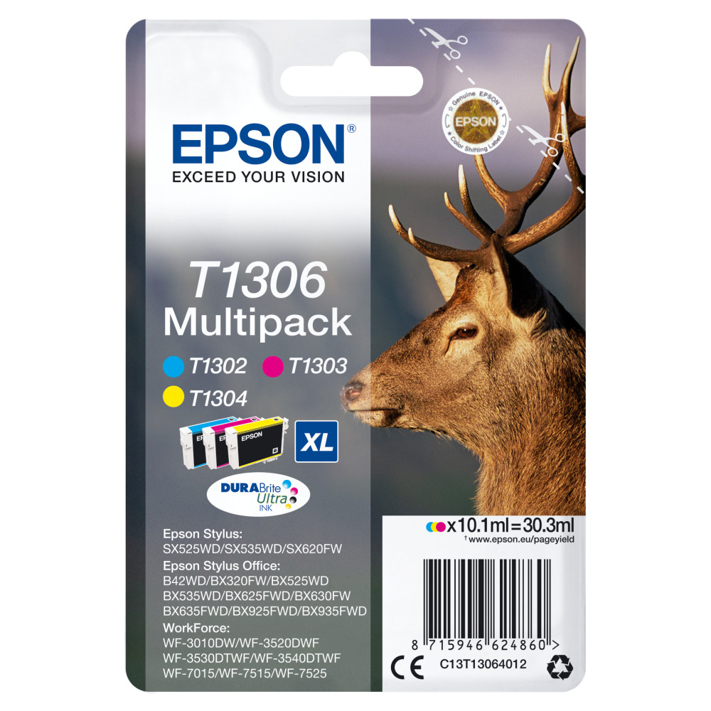 ORIGINAL Epson Multipack ciano / magenta / giallo C13T13064012 T1306 ~790 Seiten 3 cartucce d'inchiostro: T1302 + T1303 + T1304