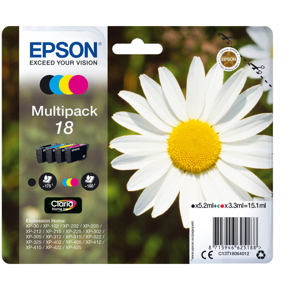 ORIGINAL Epson Multipack nero / ciano / magenta / giallo C13T18064012 18 ~715 Seiten 4 cartucce d'inchiostro: T1801 + T1802 + T1