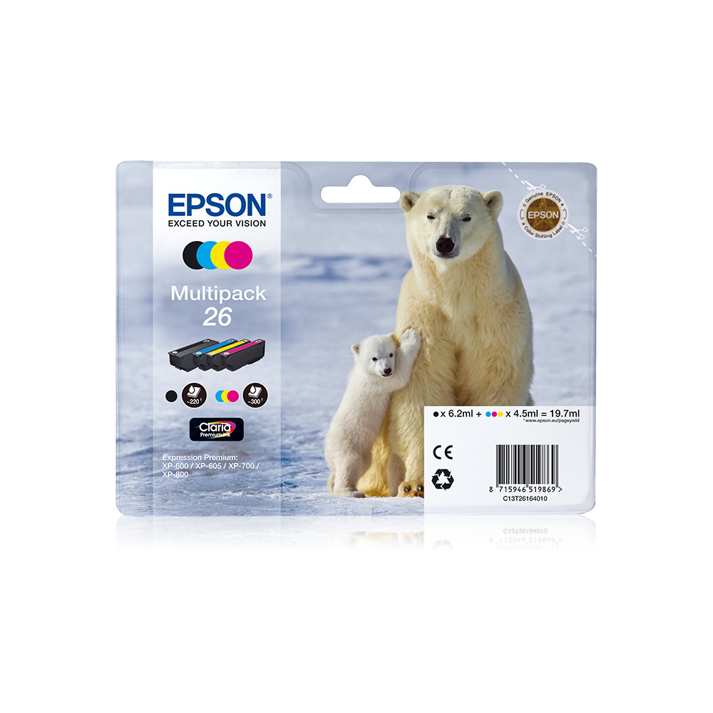 ORIGINAL Epson Multipack nero / ciano / magenta / giallo C13T26164010 26 ~1120 Seiten 4 cartucce d'inchiostro: T2601 + T2612 + T