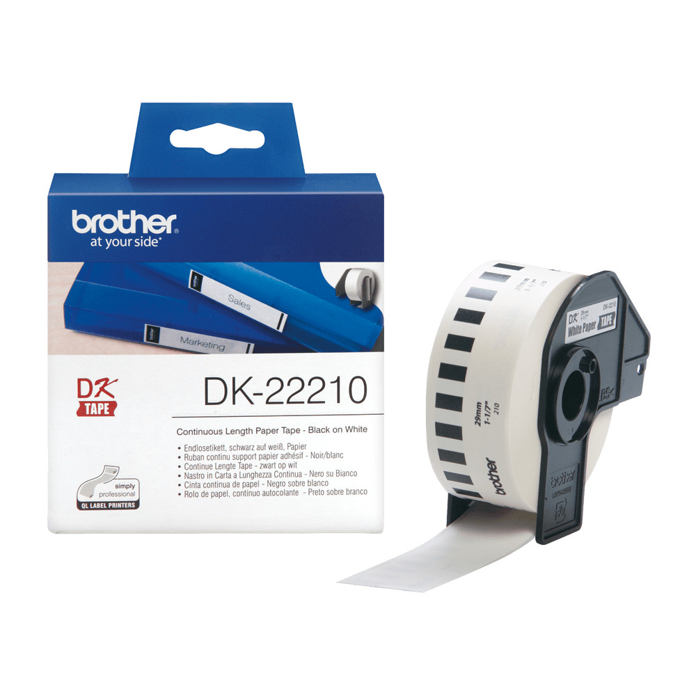 ORIGINAL Brother Etichette Nero su bianco DK-22210 etichetta a lunghezza continua, 29mm x 30,48m bianco