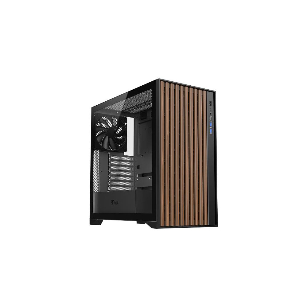CASE ITEK TOWER "Case WOODY" Gaming Tower 2*USB3,1*USB-C 3*12cm fan ARGB,  Temp Glass Side Panel, NERO+Wood Front -  ITGCAWO28B