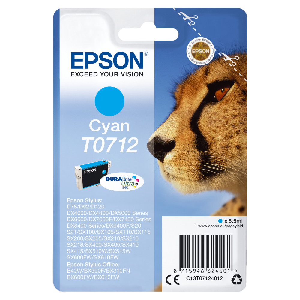 ORIGINAL Epson Cartuccia d'inchiostro ciano C13T07124012 T0712 ~345 Seiten 5,5ml