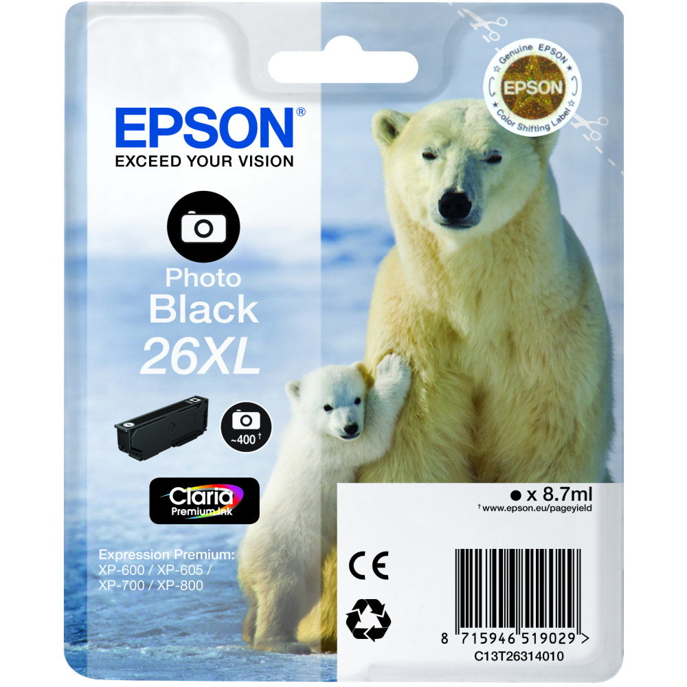 ORIGINAL Epson Cartuccia d'inchiostro Nero (Foto) C13T26314010 26 XL ~400 Seiten 8,7ml Cartucce XL, foto black