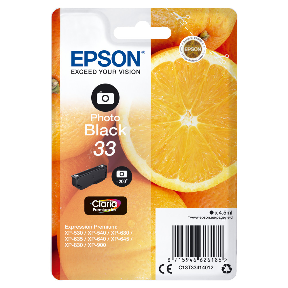 ORIGINAL Epson Cartuccia d'inchiostro Nero (Foto) C13T33414012 33 ~200 Seiten 4,5ml per circa 200 foto