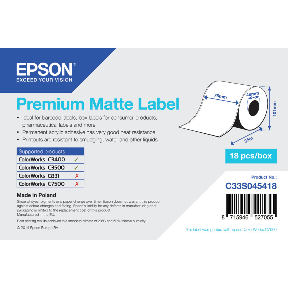 ORIGINAL Epson Etichette Bianco C33S045418 S045418 carta normale, opaco politenato, 76mm x 35m, VE=1