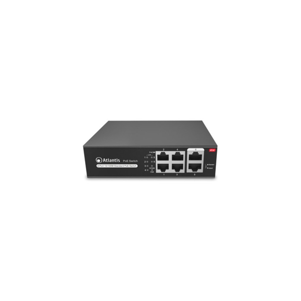 ATLANTIS SWITCH PoE A02-F6P4-65W 6 Porte 10/100Mbps di cui 4 PoE sino a 60W (65W tot) include KIT Montaggio a Muro (Wall Mount) 