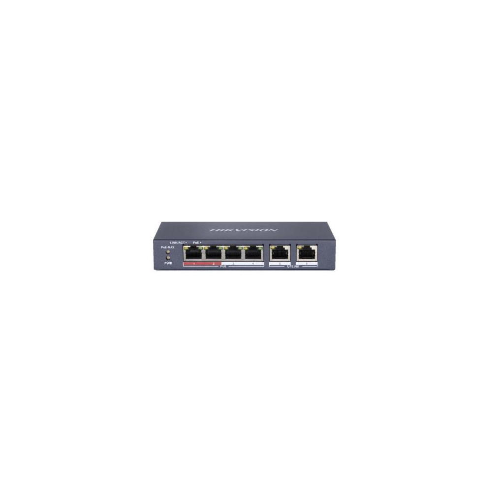 SWITCH HIKVISION L2, Unmanaged, 4 10/100M RJ45 PoE ports, 2 10/100M RJ45 uplink port, 802.3af/at, PoE power budget 35W