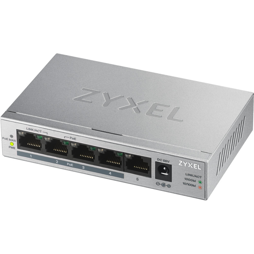 SWITCH ZYXEL GS1005HP-EU0101F 5P LAN GIGABIT (4 porte PoE, erogazione fino a 60W) UNMANAGED DESKTOP, Case metallico