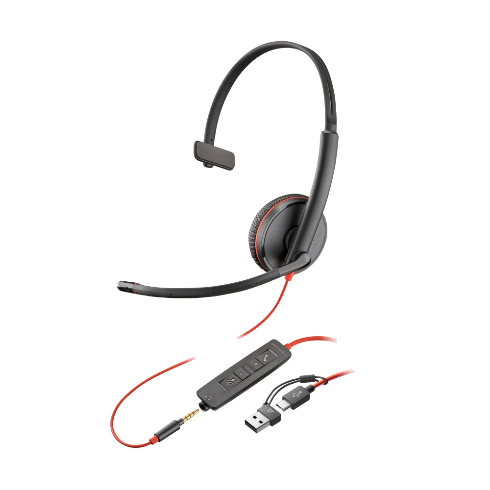 HP Poly Cuffie monoaurali Poly Blackwire 3215 con connettore USB-C + spina da 3,5 mm + adattatore USB-C/A