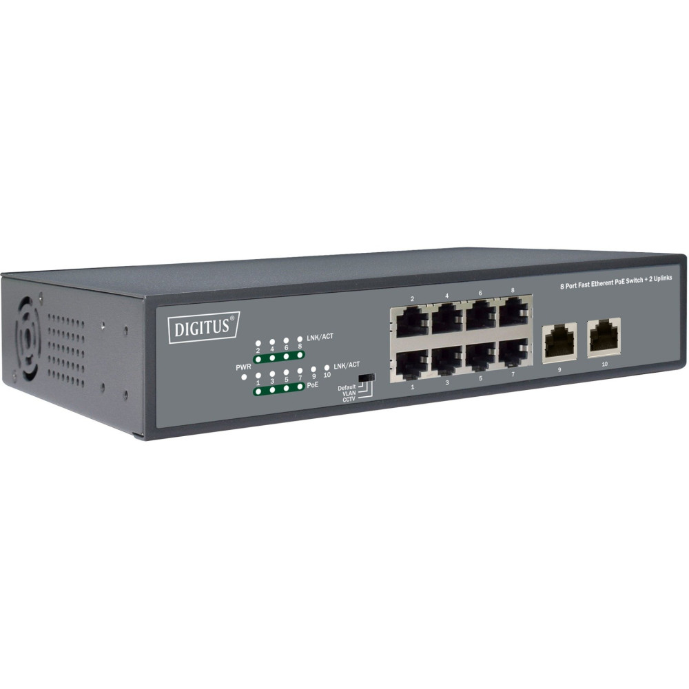 Digitus 8 Port Fast Ethernet PoE Switch, 19 Inch, Unmanaged, 2 Uplinks, Interruttore