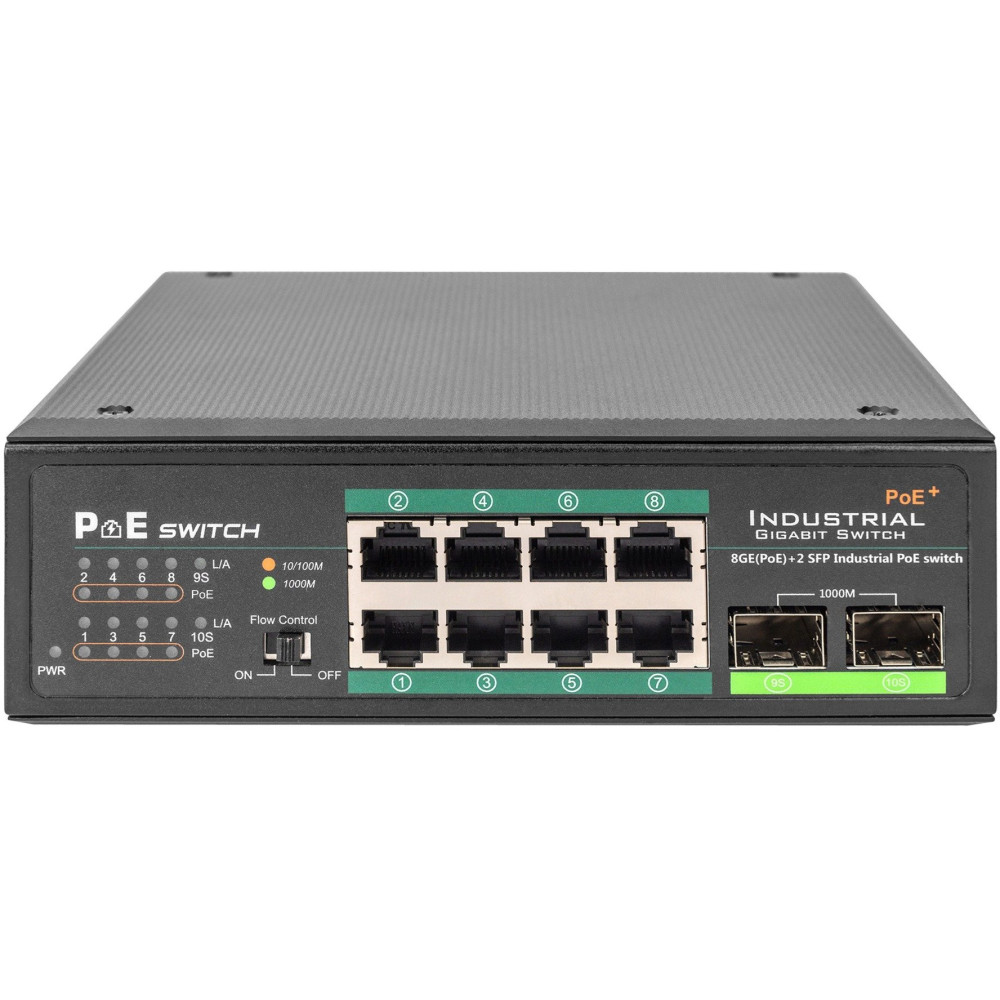 Digitus Switch Gigabit PoE+ di livello industriale a 8 porte con 2 porte uplink SFP, Interruttore