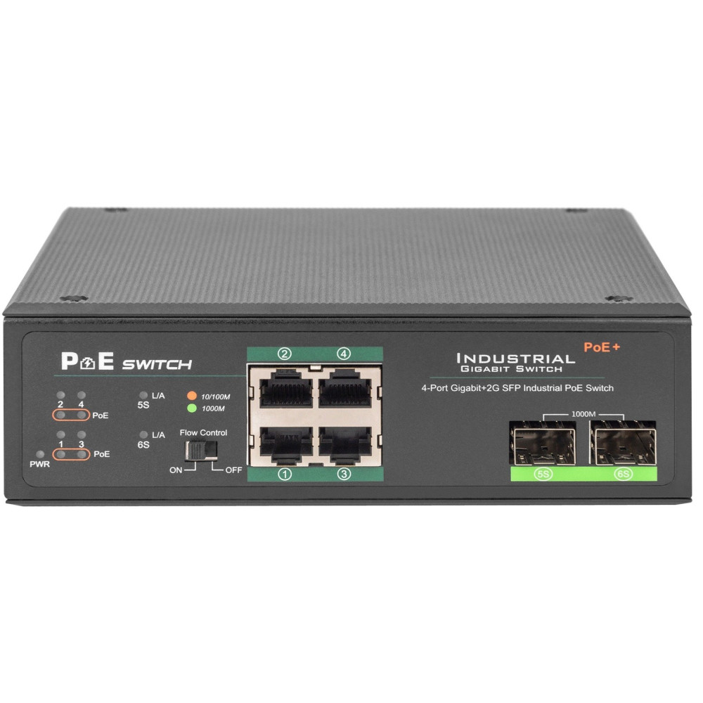 Digitus Switch Gigabit PoE+ industriale a 4 porte con 2 porte uplink SFP, Interruttore
