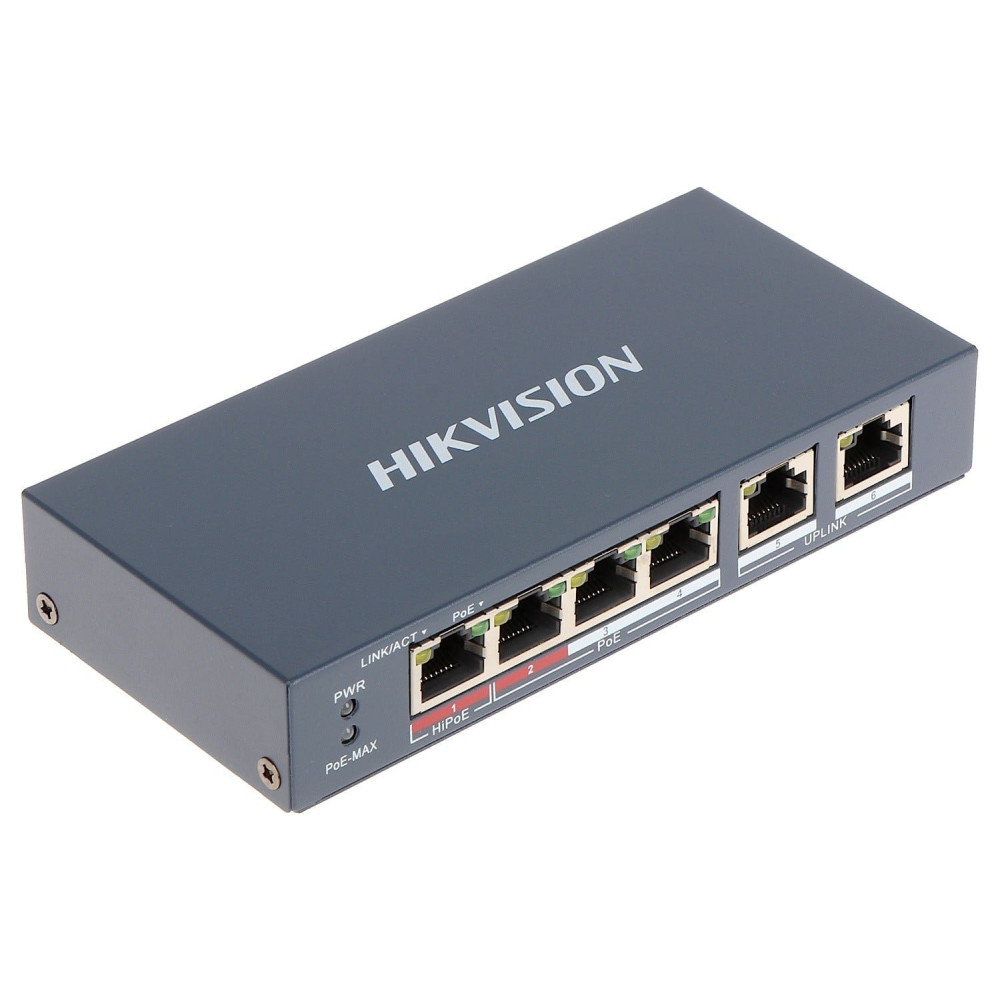 SWITCH HIKVISION L2, Unmanaged, 4 10/100M RJ45 PoE ports, 2 10/100M RJ45 uplink ports, 802.3af/at/bt, port 1 support Hi-PoE 60w 