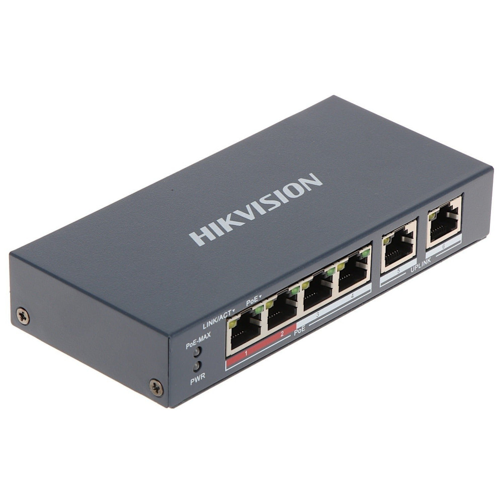 SWITCH HIKVISION L2, Unmanaged, 4 10/100M RJ45 PoE ports, 2 10/100M RJ45 uplink port, 802.3af/at, PoE power budget 35W DS-3E0106