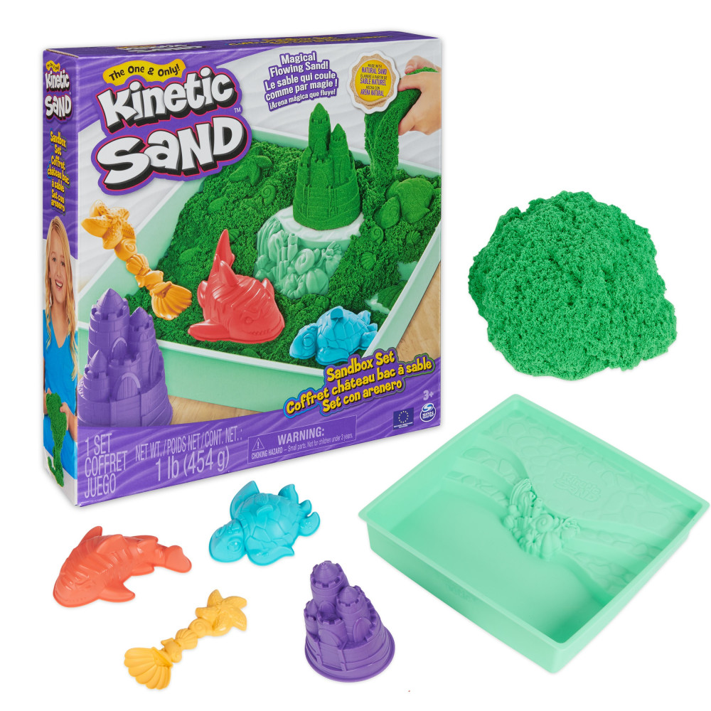 Kinetic Sand , Playset Castelli di Sabbia Verde, Sabbia Cinetica con Vaschetta, Sabbia Magica, Sabbia Verde 454gr, 3 Formine Inc