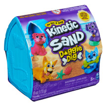 Kinetic Sand , Mini Cagnolino, 170g di Sabbia Cinetica Naturale, 1 Cagnolino a Sorpresa, 2 Accessori, Custodia a Forma di Cuccia