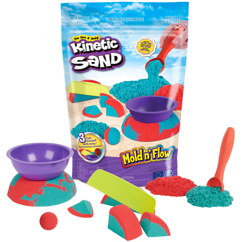 Kinetic Sand , Mold N’ Flow, 680g, Sabbia in 2 Colori, Rossa e Verde, 3 Strumenti per Modellare e Creare, Gioco per Bambini e Ba