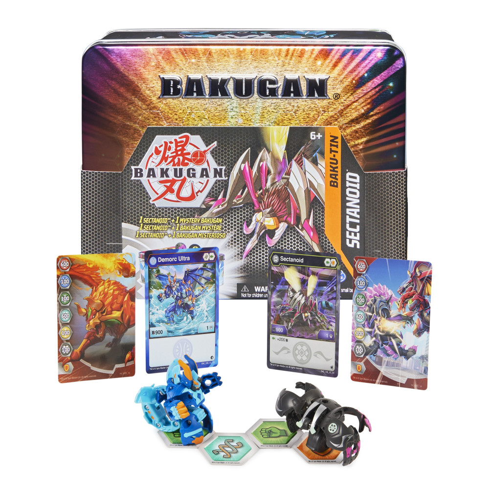 Bakugan , Baku-Tin, Sectanoid, pregiata scatola di latta da collezione con misterioso, carte collezionabili, giocattoli per bamb