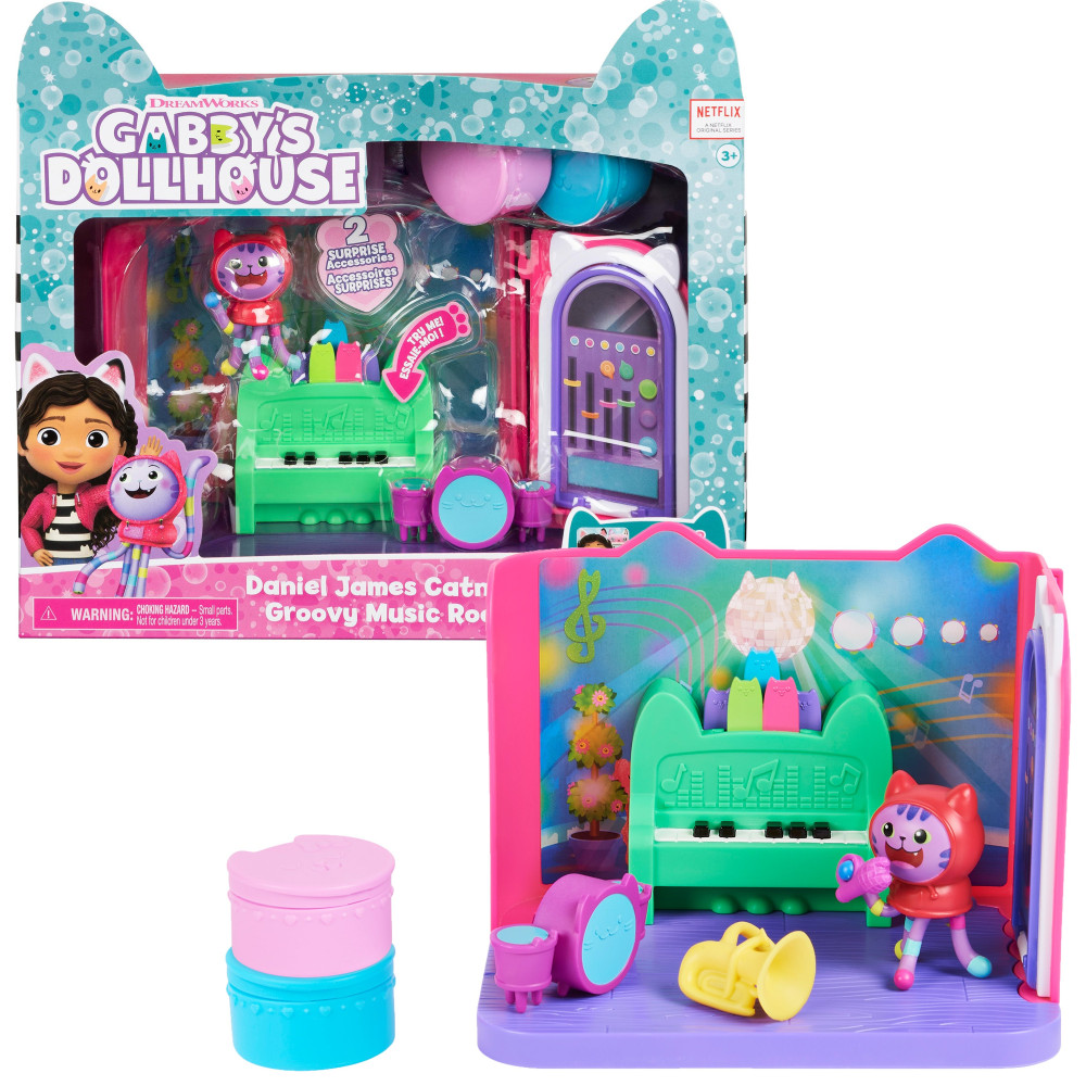 Gabby's Dollhouse , Groovy Music Room con personaggio Daniel James Catnip, 2 accessori, 2 mobili e 2 scatole con sorpresa, gioca