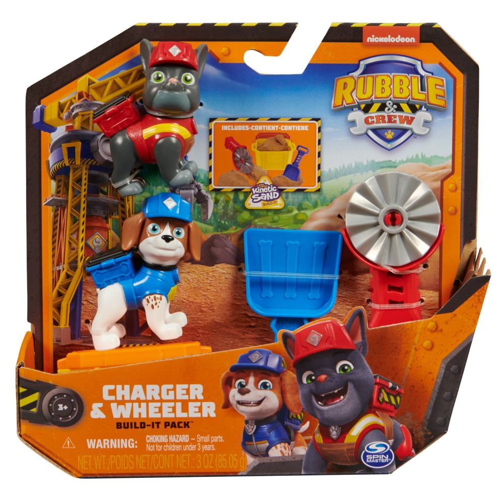Rubble & Crew , Set personaggi Charger e Wheeler, con 85gr di sabbia e 2 accessori per costruzioni, giocattoli per bambini dai 3
