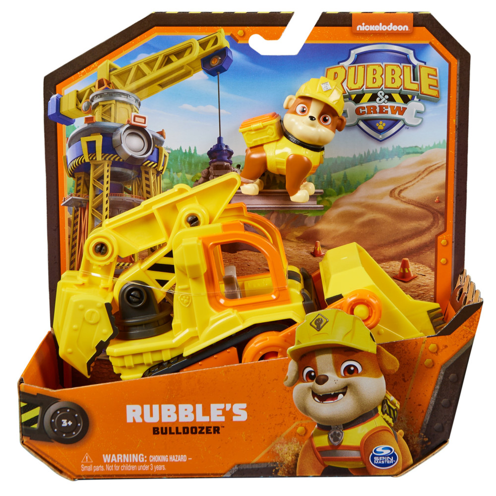 Rubble & Crew , Veicolo da lavoro di Rubble, Bulldozer giocattolo con parti mobili e personaggio da collezione, giocattoli per b