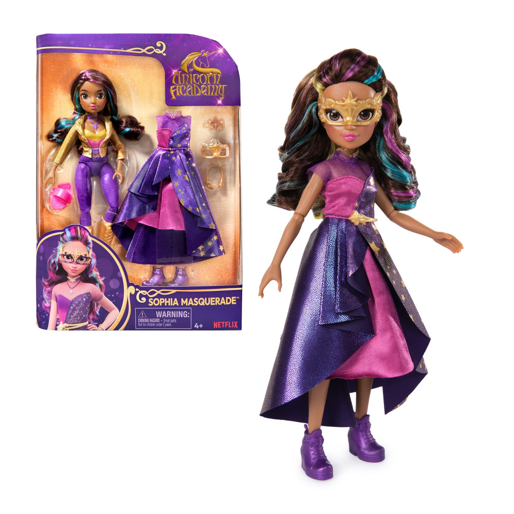 Unicorn Academy, Bambola Sophia in Versione Ballo in Maschera, con 9 Accessori per Bambola e Capelli arcobaleno, 24 cm, Bambole 