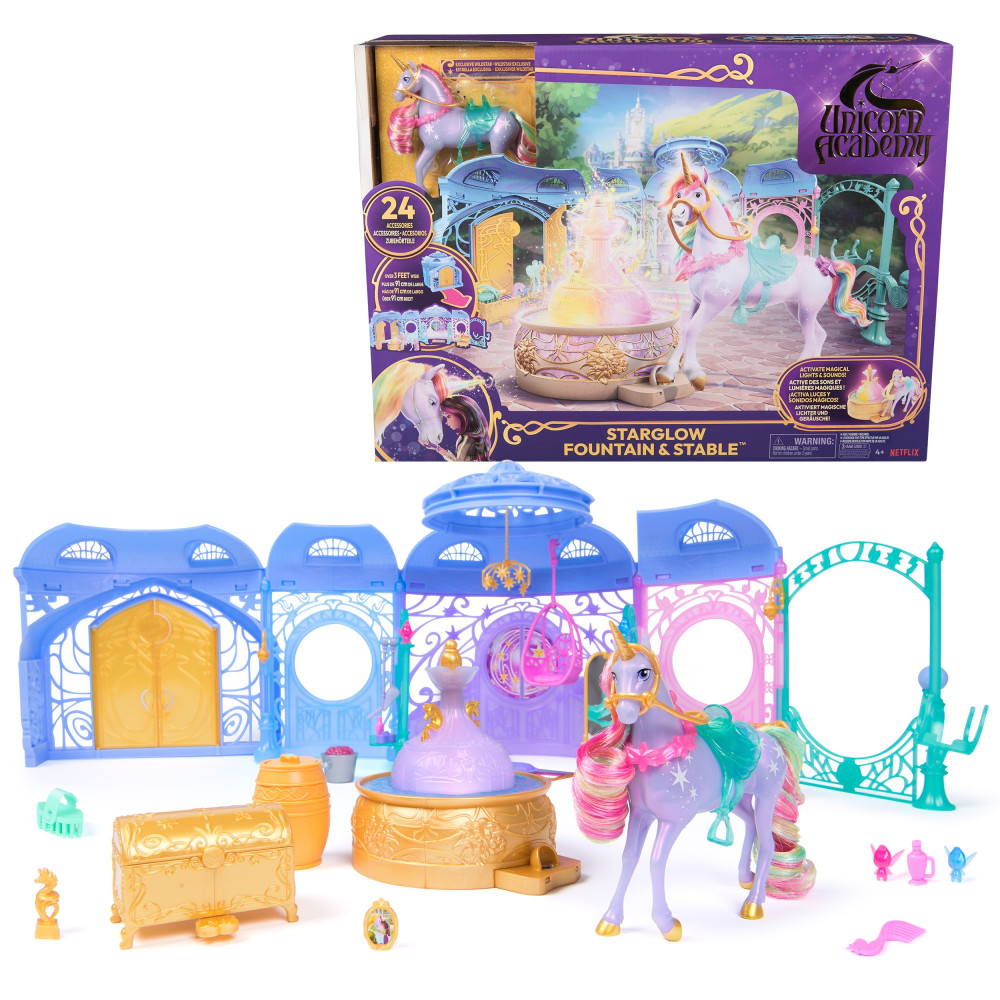 Unicorn Academy, Starglow Fountain & Stable Playset con Wildstar, luci e suoni, 24 accessori, bambole e unicorni giocattolo per 